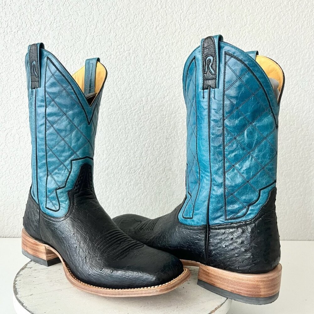 Rod Patrick Mens Cowboy Boots 13 AA Black Ostrich Blue Top Western Square Toe - Picture 12 of 12